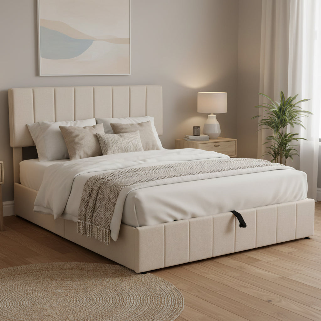 Letto matrimoniale Queen Size con piattaforma in lino - Piattaforma con sollevamento idraulico e vano nascosto, struttura in legno massello di pino