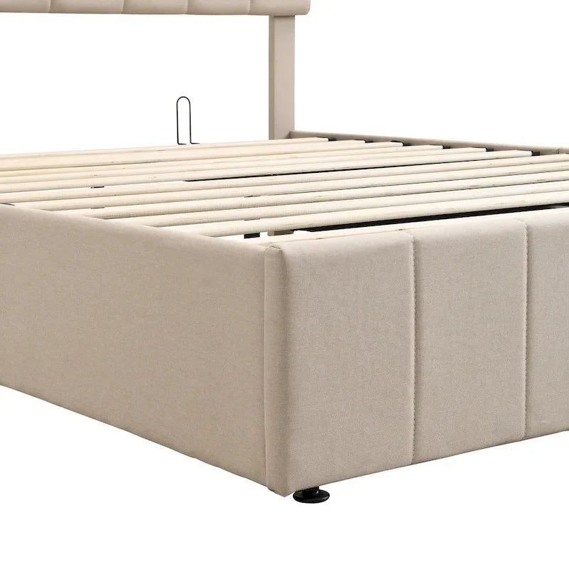Letto matrimoniale Queen Size con piattaforma in lino - Piattaforma con sollevamento idraulico e vano nascosto, struttura in legno massello di pino
