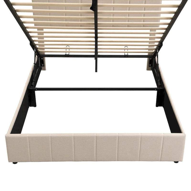 Letto matrimoniale Queen Size con piattaforma in lino - Piattaforma con sollevamento idraulico e vano nascosto, struttura in legno massello di pino