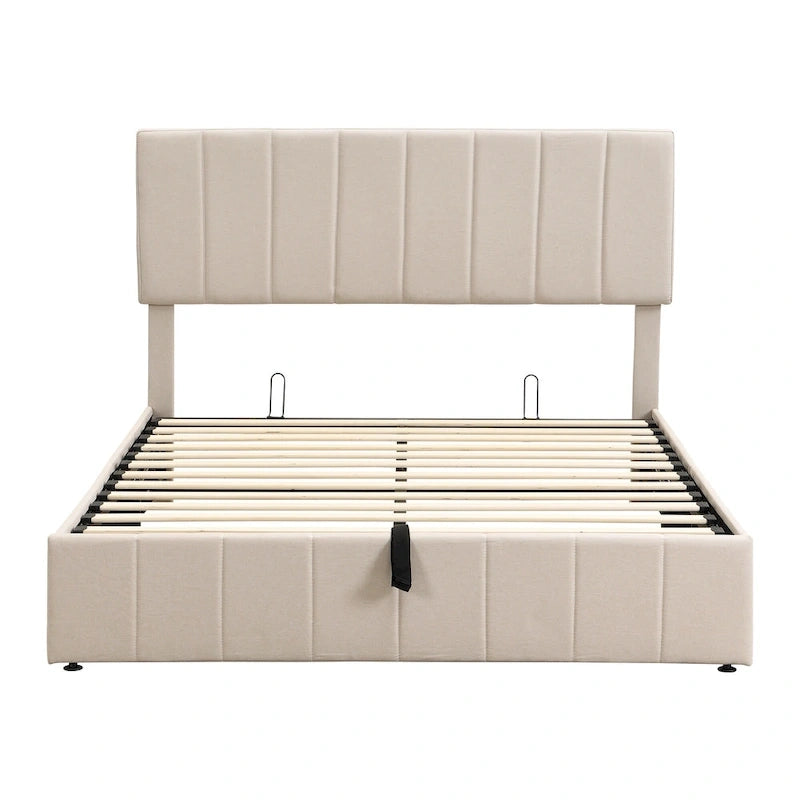 Letto matrimoniale Queen Size con piattaforma in lino - Piattaforma con sollevamento idraulico e vano nascosto, struttura in legno massello di pino