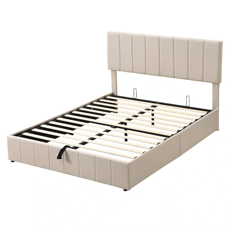 Letto matrimoniale Queen Size con piattaforma in lino - Piattaforma con sollevamento idraulico e vano nascosto, struttura in legno massello di pino