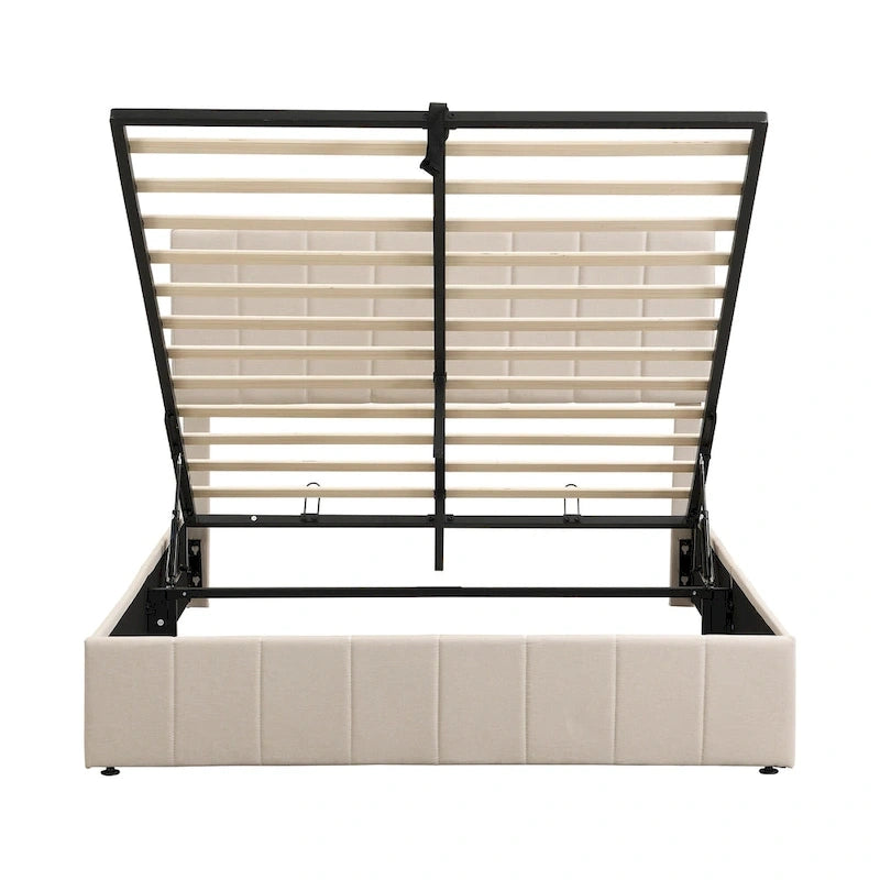 Letto matrimoniale Queen Size con piattaforma in lino - Piattaforma con sollevamento idraulico e vano nascosto, struttura in legno massello di pino