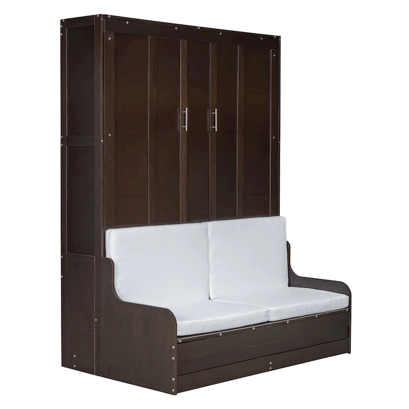 Letto a scomparsa Queen bianco/grigio/espresso con cuscino, letto a parete pieghevole per 1 persona, MDF e compensato