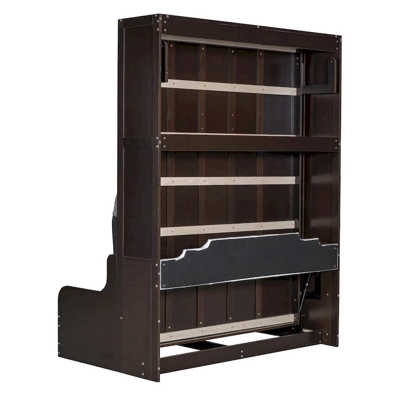 Letto a scomparsa Queen bianco/grigio/espresso con cuscino, letto a parete pieghevole per 1 persona, MDF e compensato