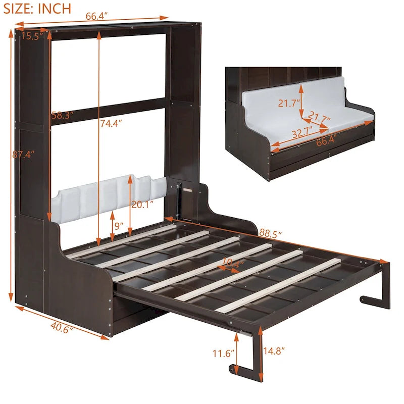 Letto a scomparsa Queen bianco/grigio/espresso con cuscino, letto a parete pieghevole per 1 persona, MDF e compensato