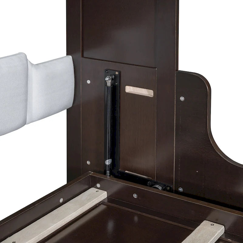 Letto a scomparsa Queen bianco/grigio/espresso con cuscino, letto a parete pieghevole per 1 persona, MDF e compensato