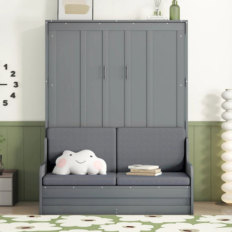 Letto a scomparsa Queen bianco/grigio/espresso con cuscino, letto a parete pieghevole per 1 persona, MDF e compensato