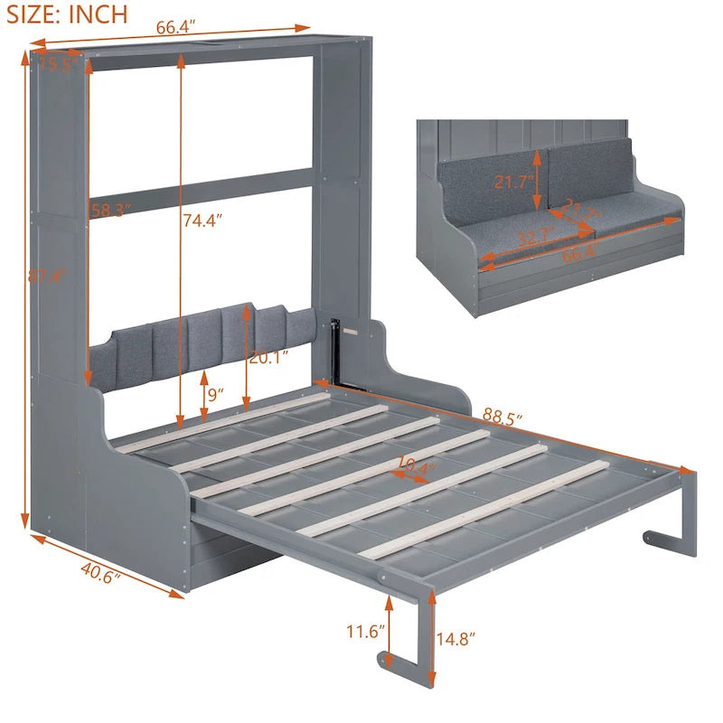 Letto a scomparsa Queen bianco/grigio/espresso con cuscino, letto a parete pieghevole per 1 persona, MDF e compensato