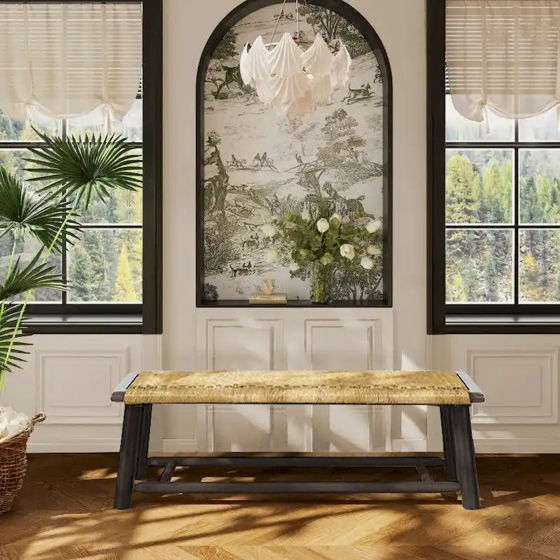Panca in legno massello e rattan stile rustico moderno - Panca multifunzionale da 150 cm per interni ed esterni coperti