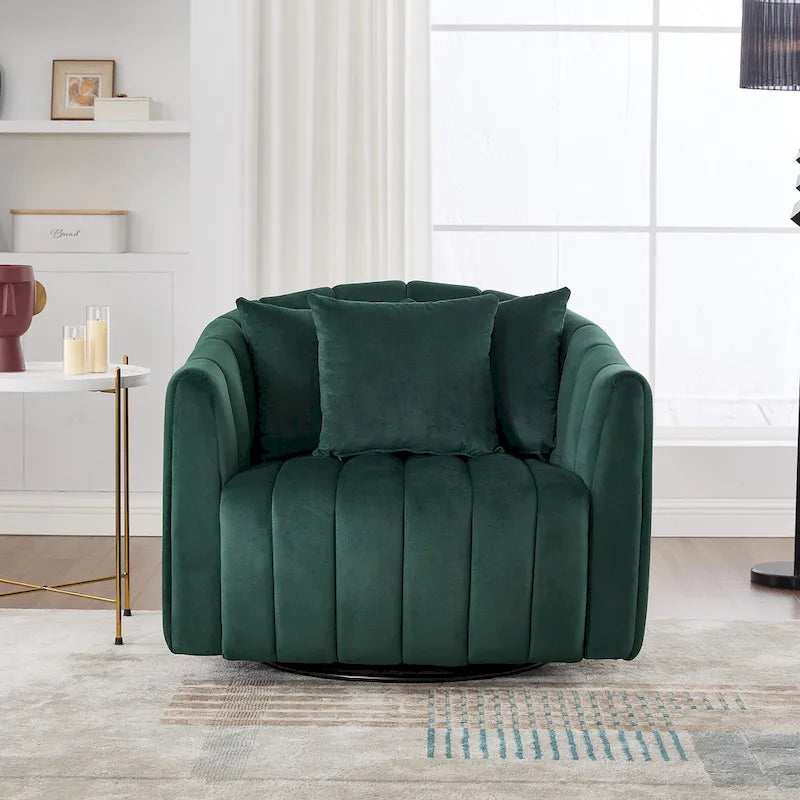 Poltrona a botte accentata girevole oversize a 360° e divanetto accogliente con 3 cuscini, poltrona club a forma di zucca trapuntata in velluto