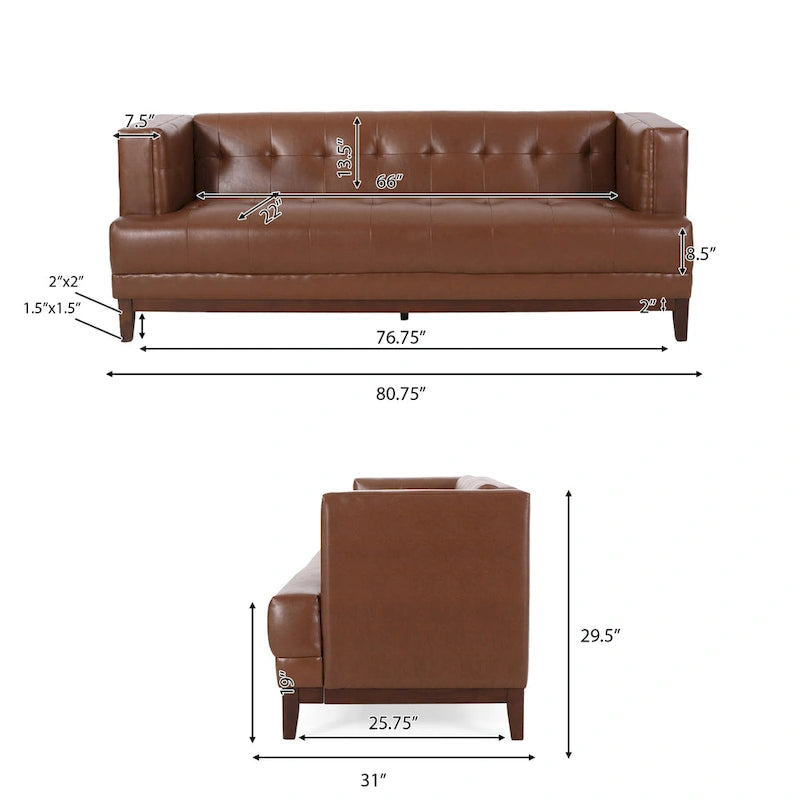 Divano Espresso a 3 Posti in Similpelle Capitonnè Stile Mid-Century, per 3 Persone