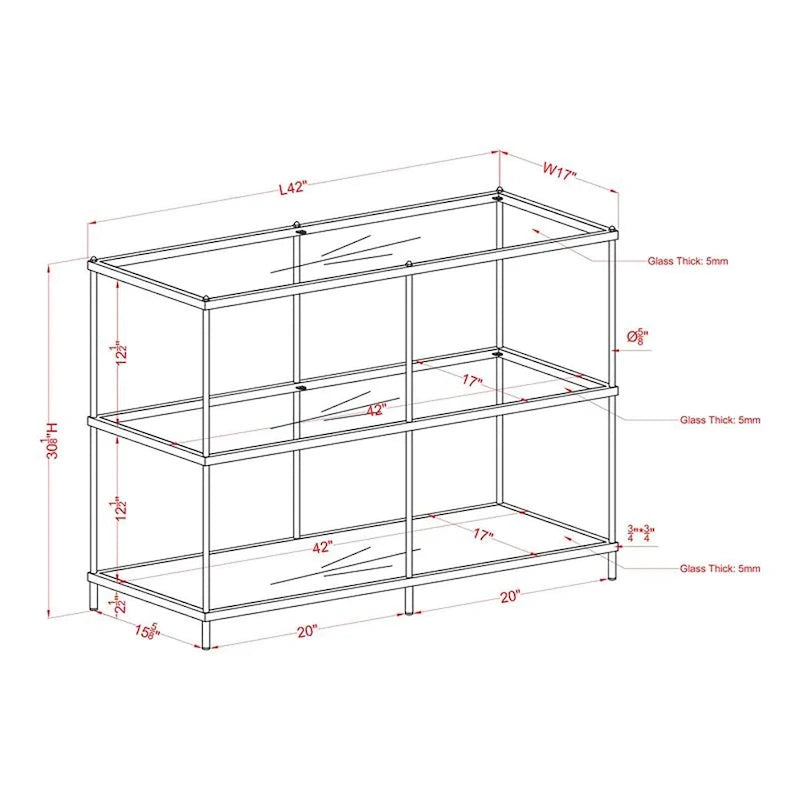 Tavolino da divano da 106 cm (42") rosso/blu/champagne, stile contemporaneo a 2 ripiani in vetro