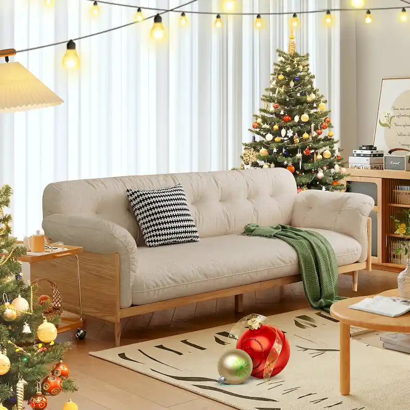 Divano 3 posti in lino di cotone beige/caffè, stile moderno, 3 posti a sedere