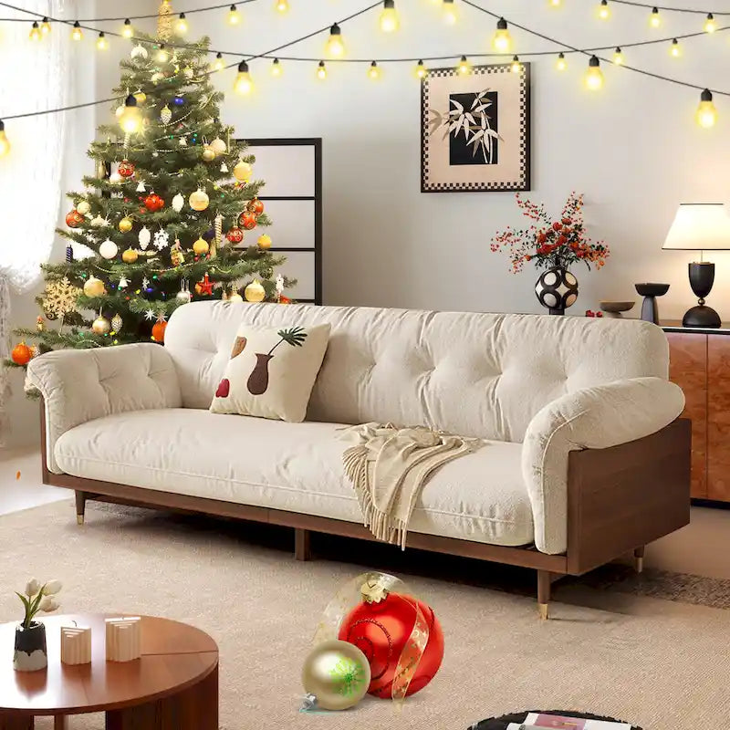 Divano 3 posti in lino di cotone beige/caffè, stile moderno, 3 posti a sedere