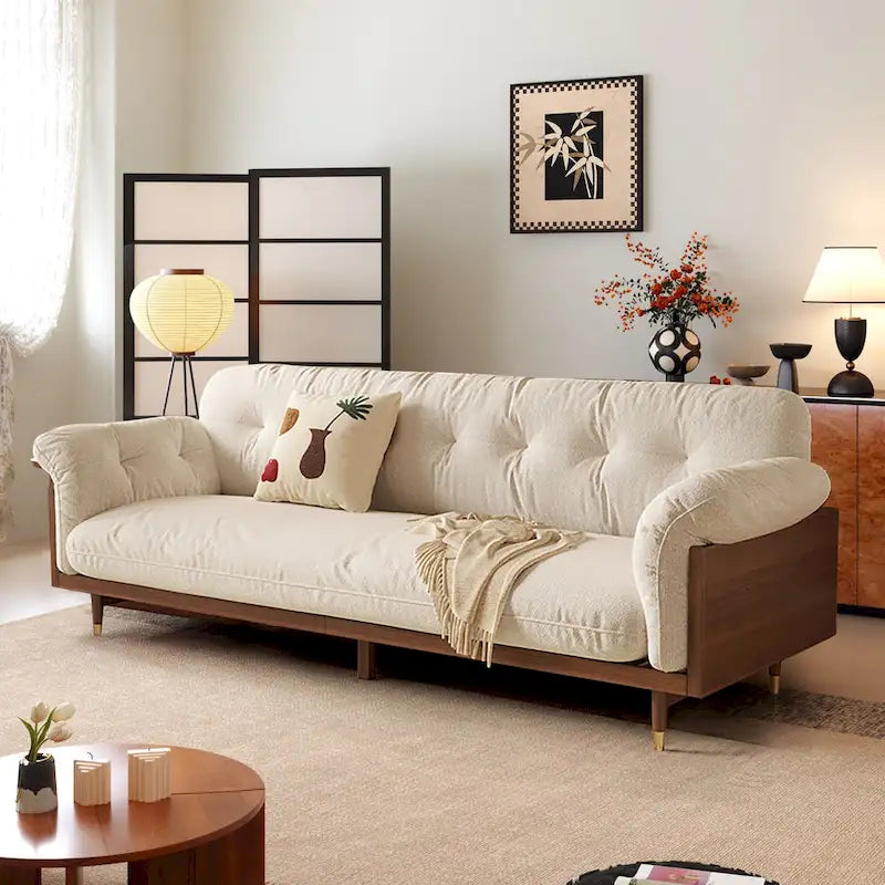 Divano 3 posti in lino di cotone beige/caffè, stile moderno, 3 posti a sedere
