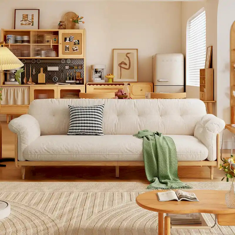 Divano 3 posti in lino di cotone beige/caffè, stile moderno, 3 posti a sedere
