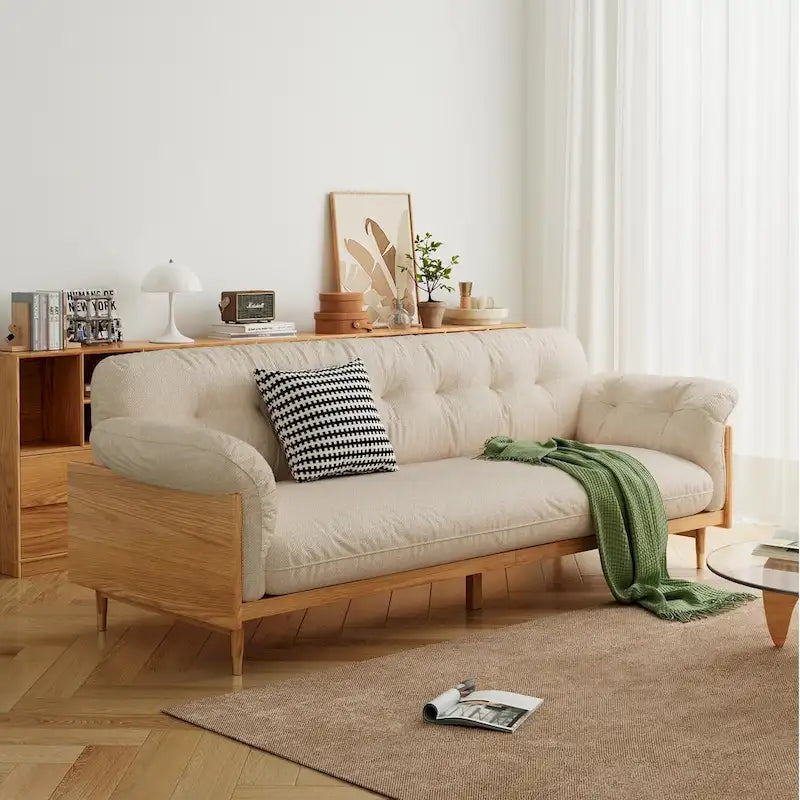 Divano 3 posti in lino di cotone beige/caffè, stile moderno, 3 posti a sedere