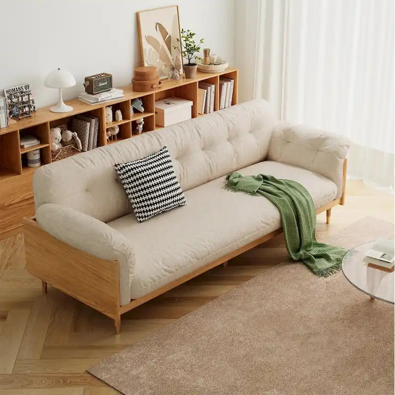 Divano 3 posti in lino di cotone beige/caffè, stile moderno, 3 posti a sedere