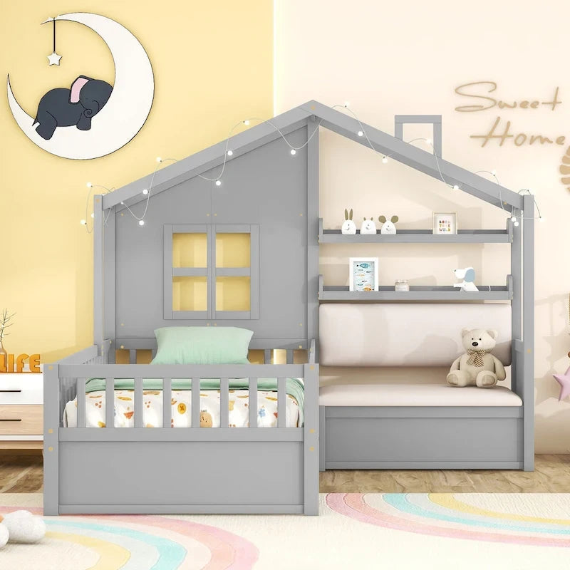 Letto a capanna a una piazza con divano, Letto a piattaforma per bambini con due cassetti e ripiano portaoggetti, Grigio