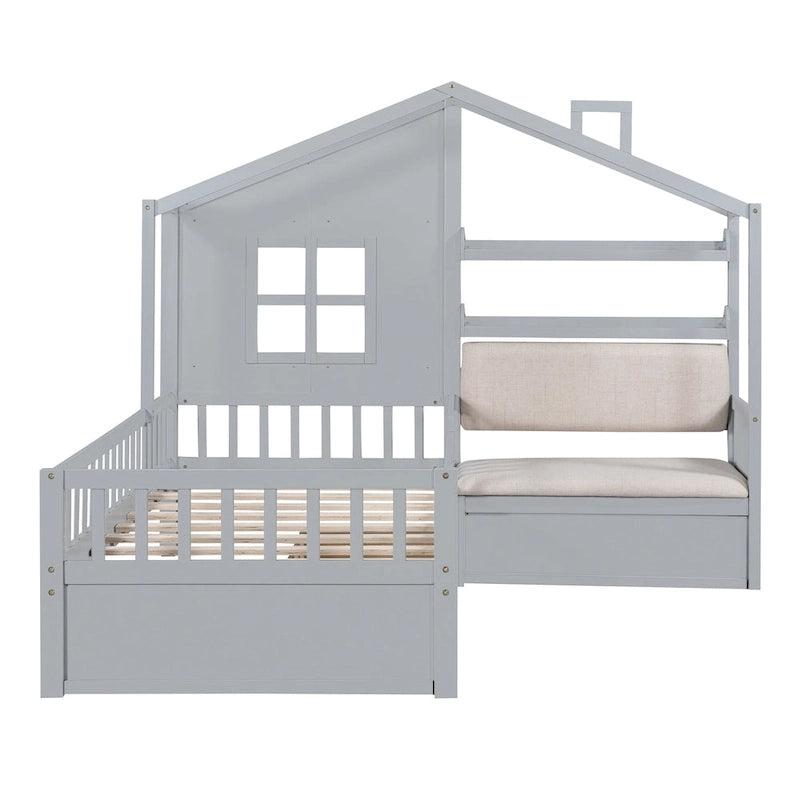 Letto a capanna a una piazza con divano, Letto a piattaforma per bambini con due cassetti e ripiano portaoggetti, Grigio