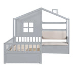 Letto a capanna a una piazza con divano, Letto a piattaforma per bambini con due cassetti e ripiano portaoggetti, Grigio