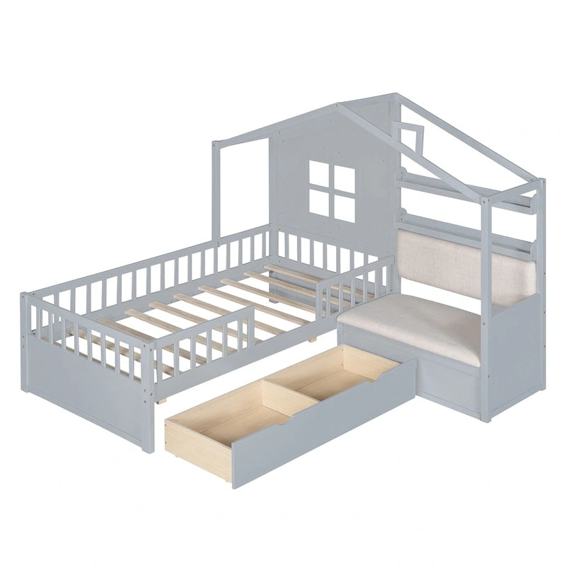 Letto a capanna a una piazza con divano, Letto a piattaforma per bambini con due cassetti e ripiano portaoggetti, Grigio