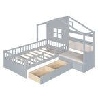 Letto a capanna a una piazza con divano, Letto a piattaforma per bambini con due cassetti e ripiano portaoggetti, Grigio