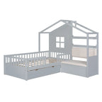 Letto a capanna a una piazza con divano, Letto a piattaforma per bambini con due cassetti e ripiano portaoggetti, Grigio