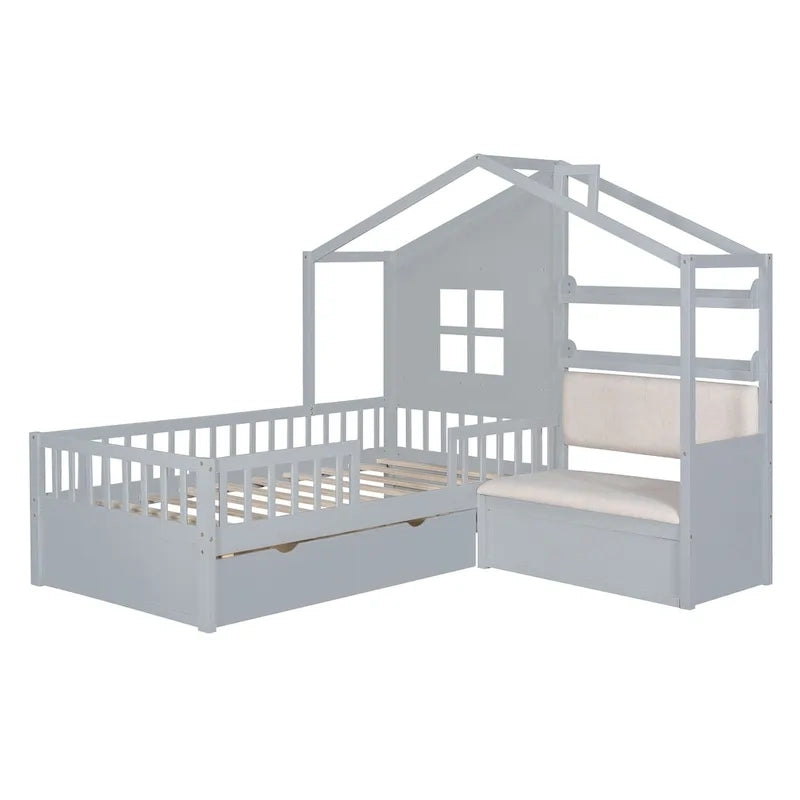 Letto a capanna a una piazza con divano, Letto a piattaforma per bambini con due cassetti e ripiano portaoggetti, Grigio