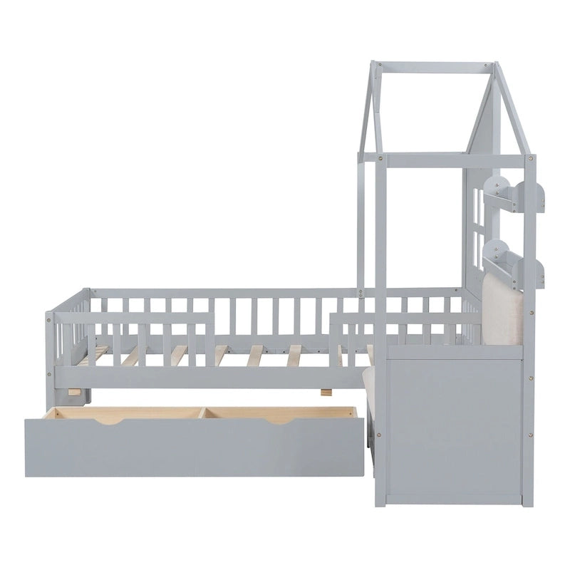 Letto a capanna a una piazza con divano, Letto a piattaforma per bambini con due cassetti e ripiano portaoggetti, Grigio