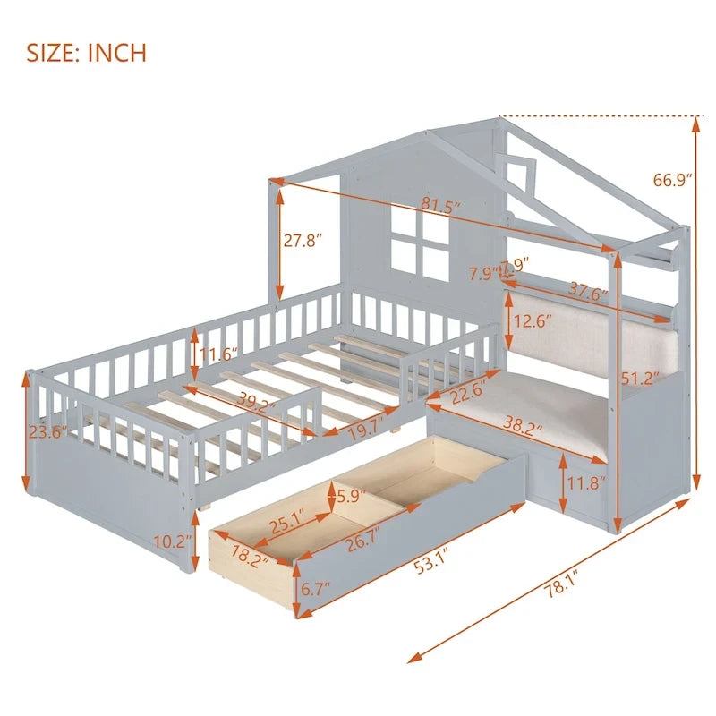 Letto a capanna a una piazza con divano, Letto a piattaforma per bambini con due cassetti e ripiano portaoggetti, Grigio