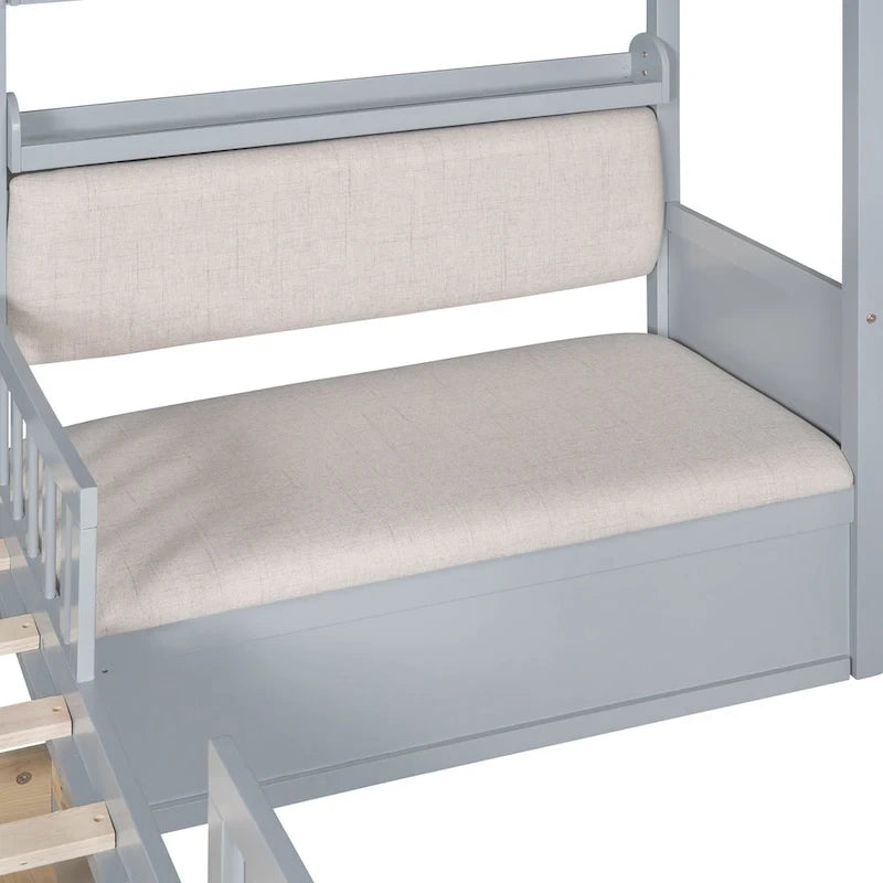 Letto a capanna a una piazza con divano, Letto a piattaforma per bambini con due cassetti e ripiano portaoggetti, Grigio