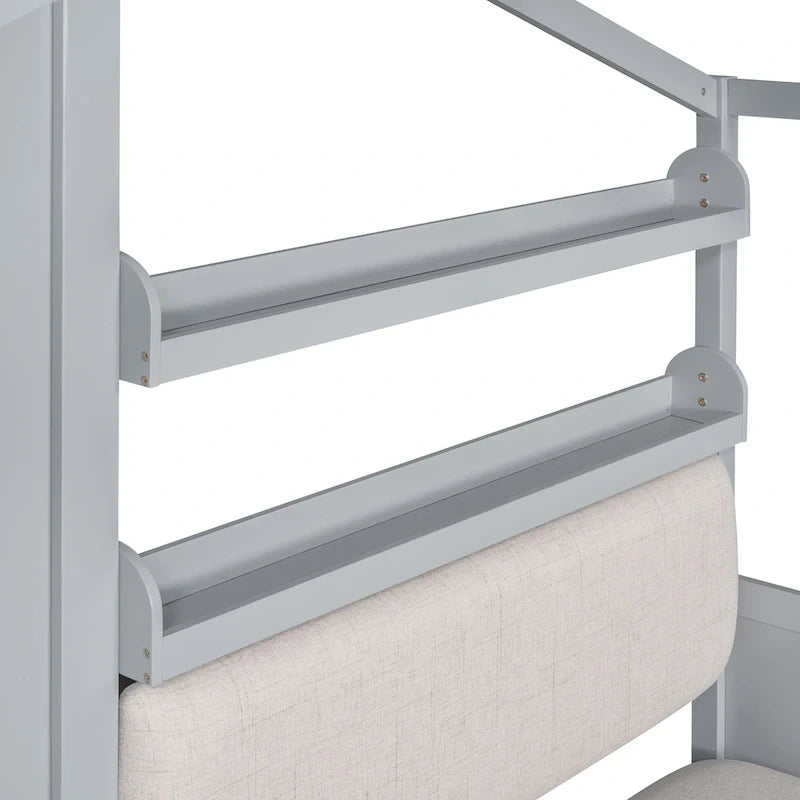 Letto a capanna a una piazza con divano, Letto a piattaforma per bambini con due cassetti e ripiano portaoggetti, Grigio