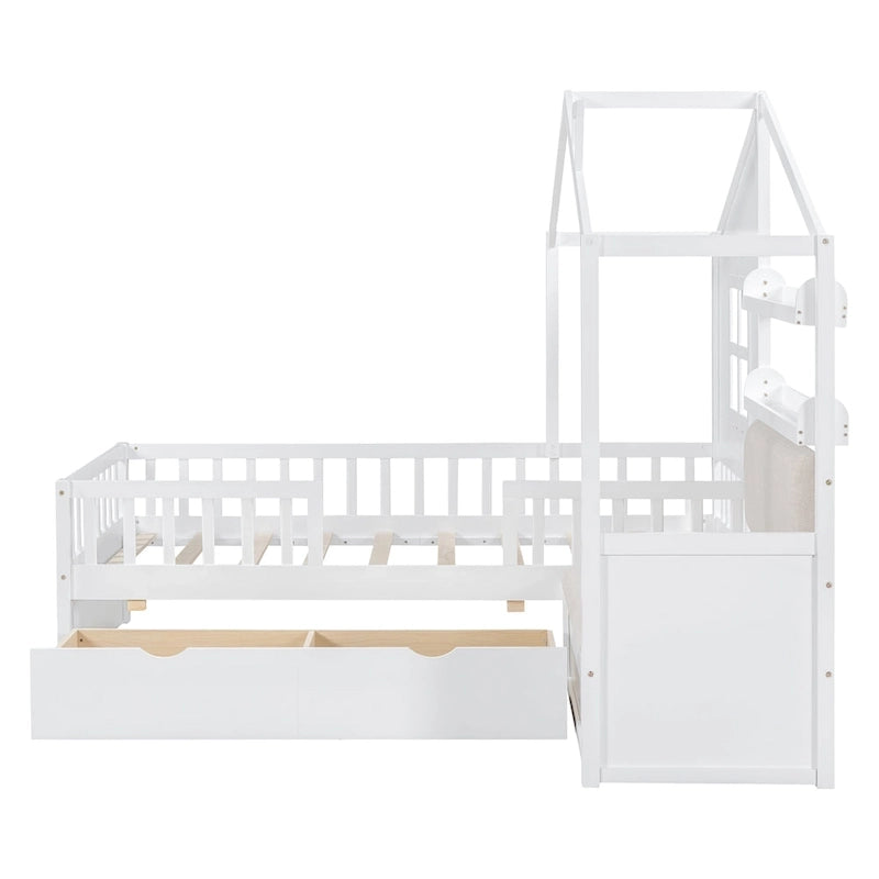 Letto a capanna a una piazza con divano, Letto a piattaforma per bambini con due cassetti e ripiano portaoggetti, Grigio