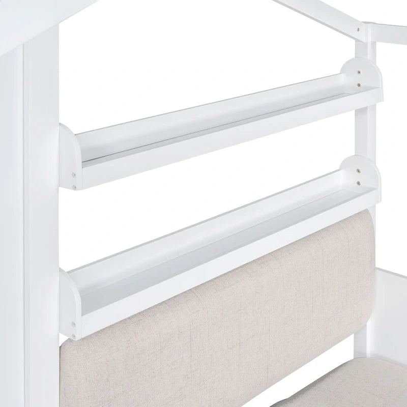 Letto a capanna a una piazza con divano, Letto a piattaforma per bambini con due cassetti e ripiano portaoggetti, Grigio