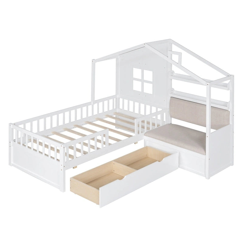 Letto a capanna a una piazza con divano, Letto a piattaforma per bambini con due cassetti e ripiano portaoggetti, Grigio