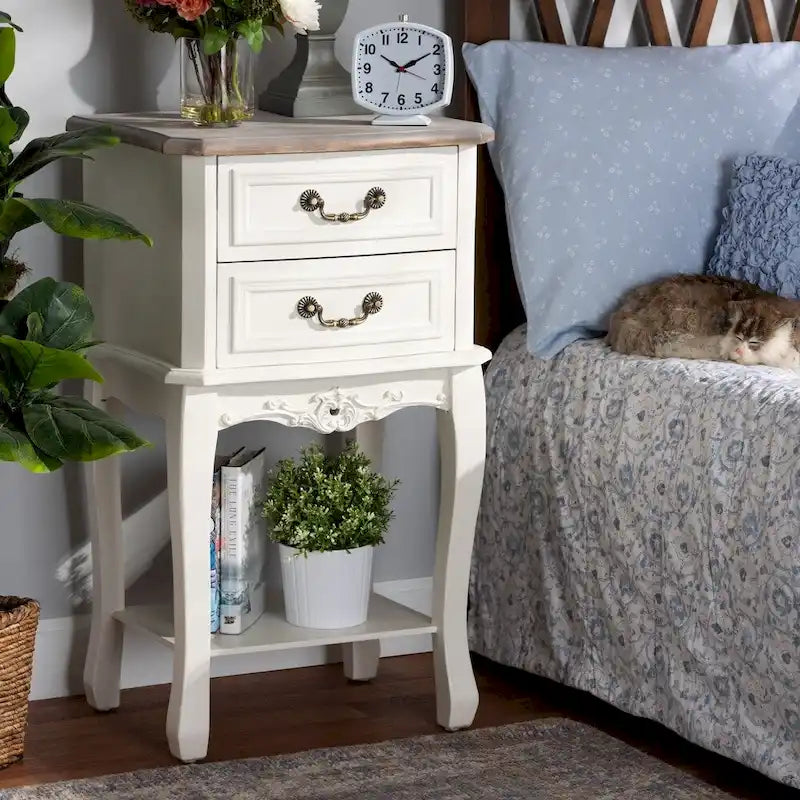 Baxton Studio Amalie Tavolino da Salotto in Legno, Antico Stile Francese Cottage, Finitura Bicolore Bianco e Rovere, con 2 Cassetti