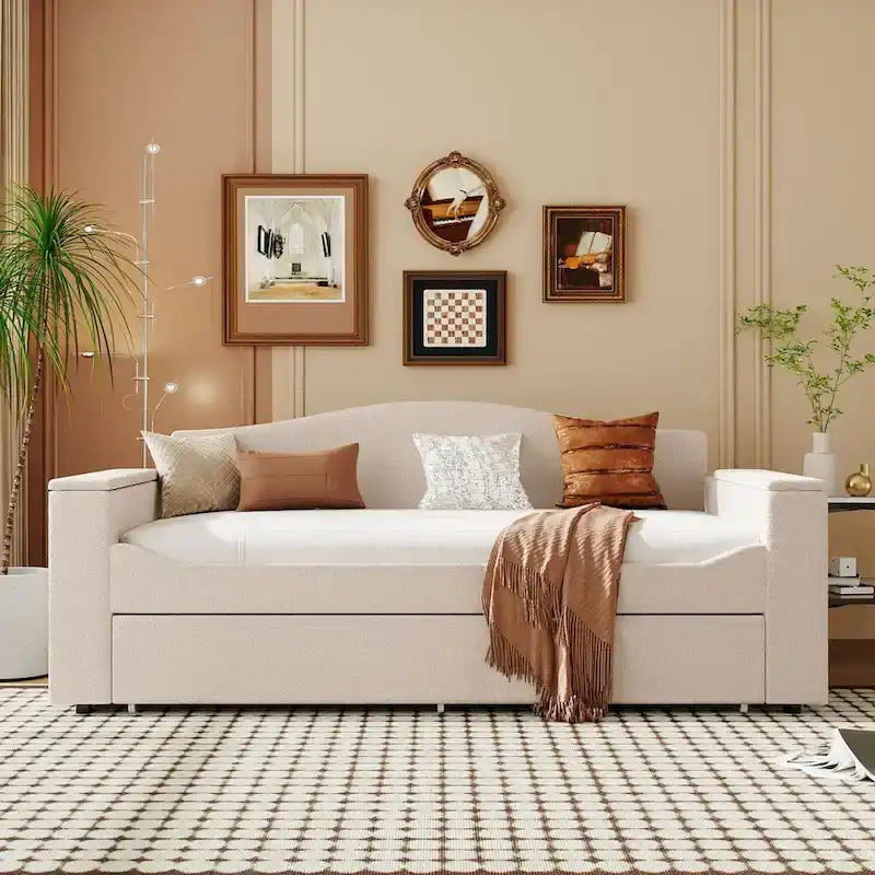 Daybed in pile di orsetto singolo con braccioli portaoggetti e rotelle estraibili
