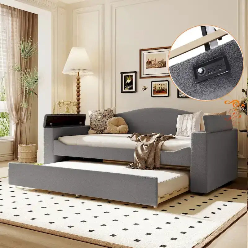 Daybed in pile di orsetto singolo con braccioli portaoggetti e rotelle estraibili
