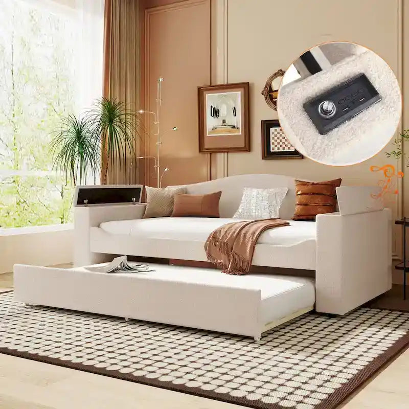 Daybed in pile di orsetto singolo con braccioli portaoggetti e rotelle estraibili