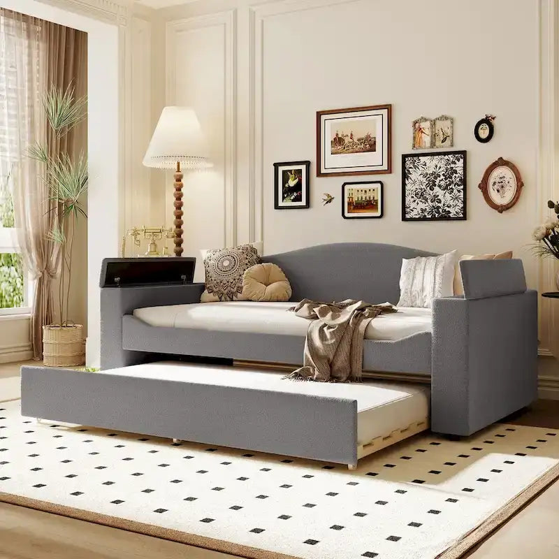 Daybed in pile di orsetto singolo con braccioli portaoggetti e rotelle estraibili