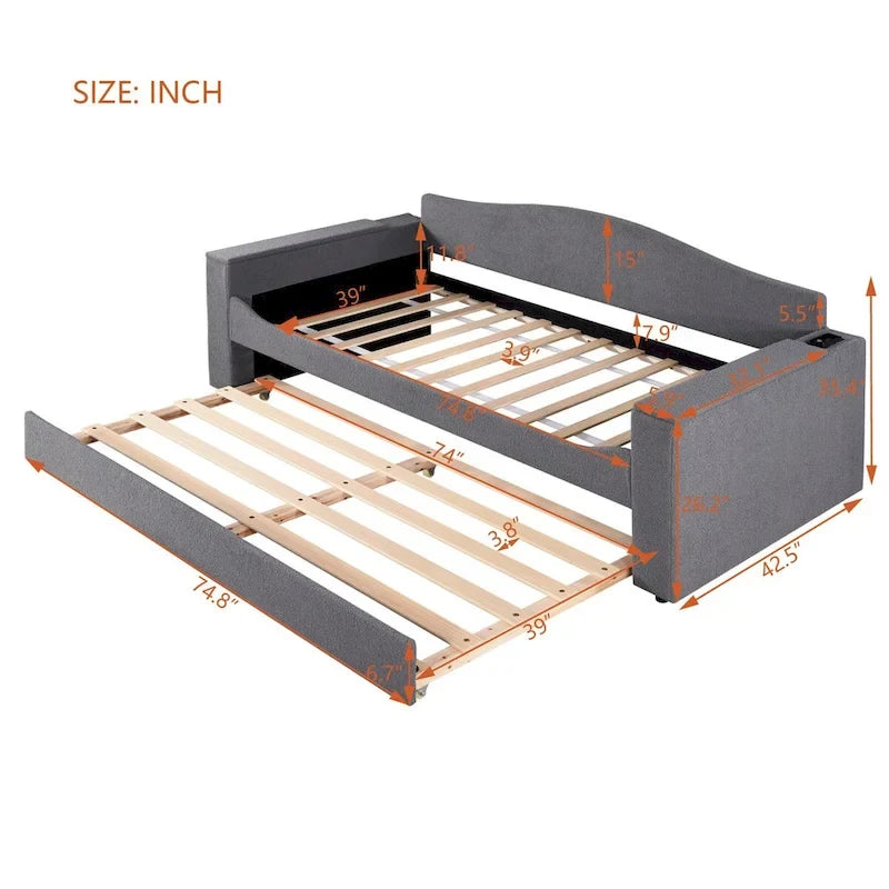 Daybed in pile di orsetto singolo con braccioli portaoggetti e rotelle estraibili