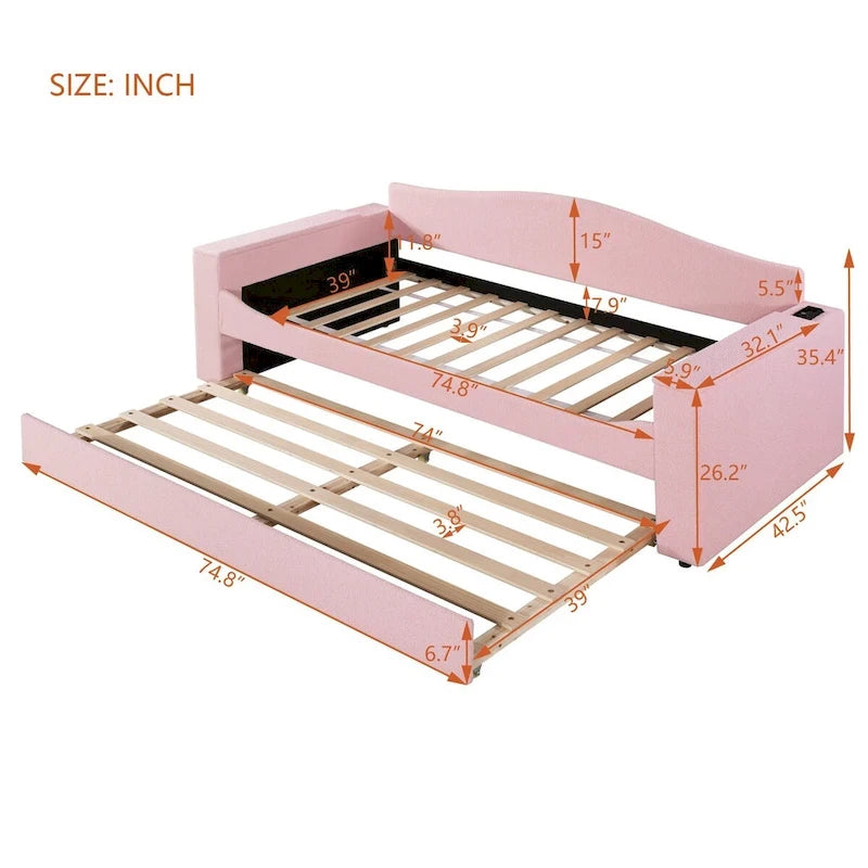 Daybed in pile di orsetto singolo con braccioli portaoggetti e rotelle estraibili