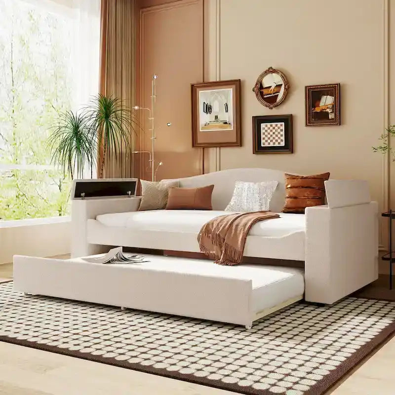 Daybed in pile di orsetto singolo con braccioli portaoggetti e rotelle estraibili
