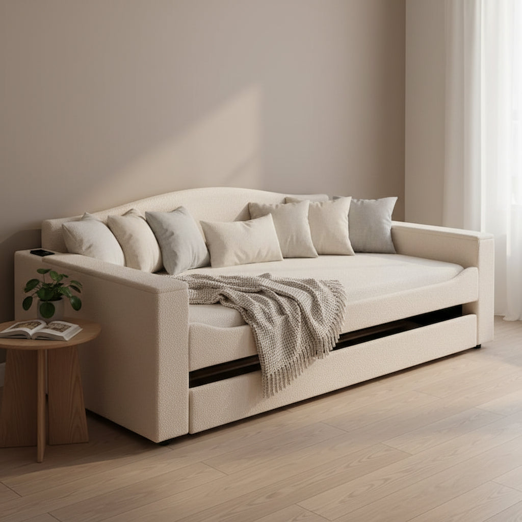 Daybed in pile di orsetto singolo con braccioli portaoggetti e rotelle estraibili