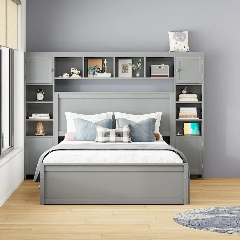 Letto matrimoniale in legno con mobile contenitore integrato