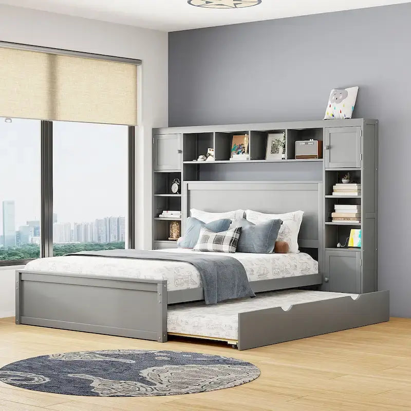 Letto matrimoniale in legno con mobile contenitore integrato