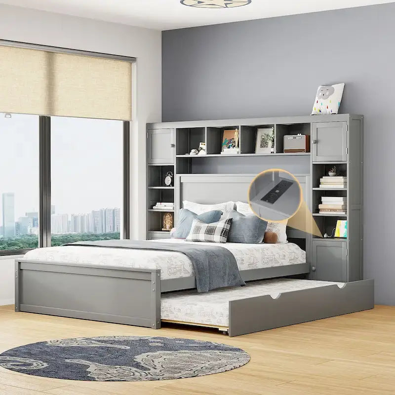 Letto matrimoniale in legno con mobile contenitore integrato