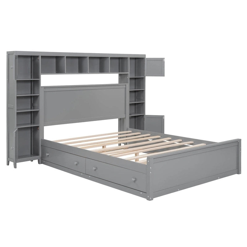 Letto matrimoniale in legno con mobile contenitore integrato