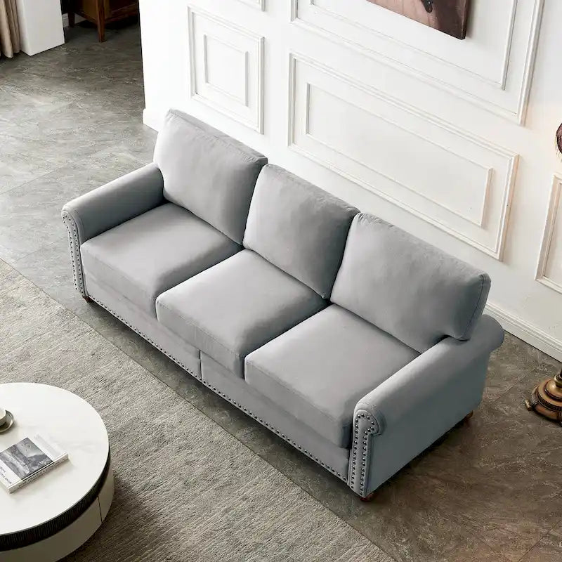 Divano con rivestimento in tessuto di lino e vano contenitore
